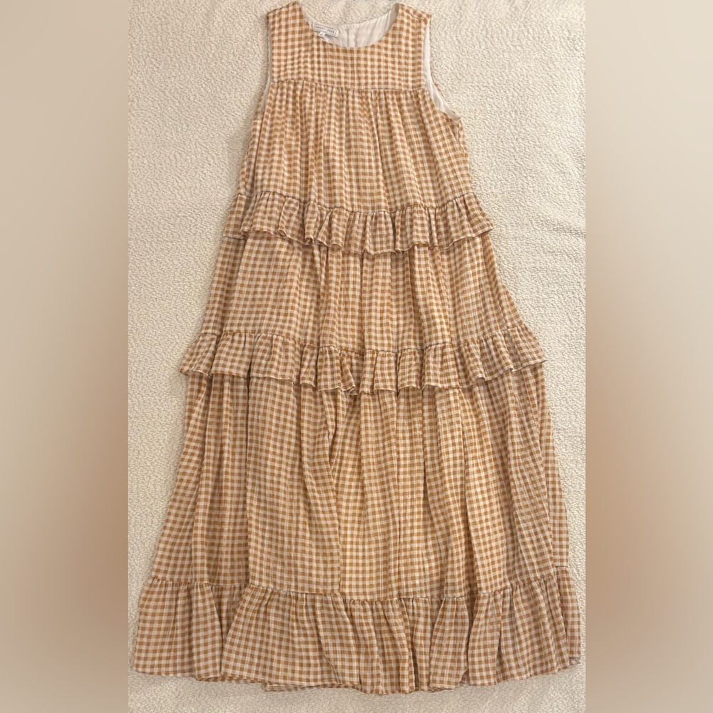 Gingham Checkered Tan/Orange Maxi Dress